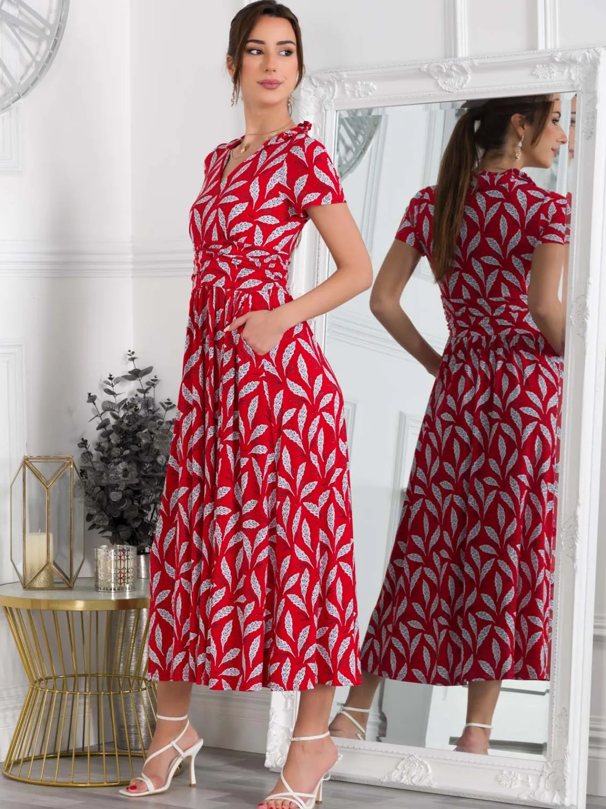 Jolie Moi Occasion Dresses|Jersey Dresses-Marbouka Stand Collar Maxi Dress, Red Leafy