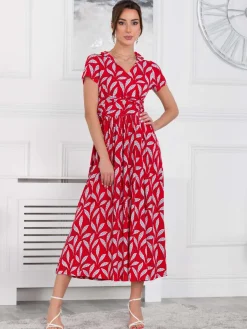Jolie Moi Occasion Dresses|Jersey Dresses-Marbouka Stand Collar Maxi Dress, Red Leafy