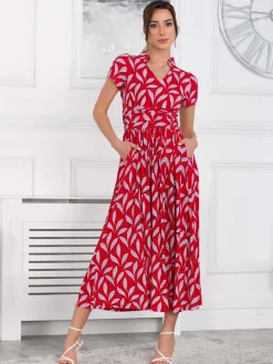 Jolie Moi Occasion Dresses|Jersey Dresses-Marbouka Stand Collar Maxi Dress, Red Leafy