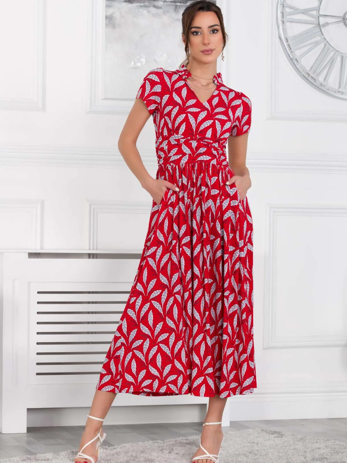 Jolie Moi Occasion Dresses|Jersey Dresses-Marbouka Stand Collar Maxi Dress, Red Leafy