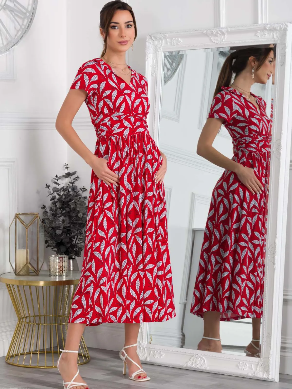 Jolie Moi Occasion Dresses|Jersey Dresses-Marbouka Stand Collar Maxi Dress, Red Leafy