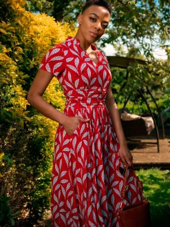 Jolie Moi Occasion Dresses|Jersey Dresses-Marbouka Stand Collar Maxi Dress, Red Leafy