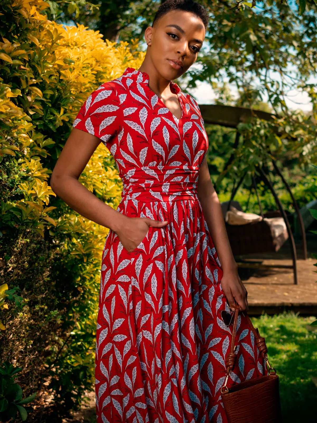 Jolie Moi Occasion Dresses|Jersey Dresses-Marbouka Stand Collar Maxi Dress, Red Leafy