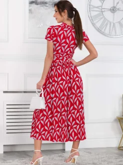 Jolie Moi Occasion Dresses|Jersey Dresses-Marbouka Stand Collar Maxi Dress, Red Leafy