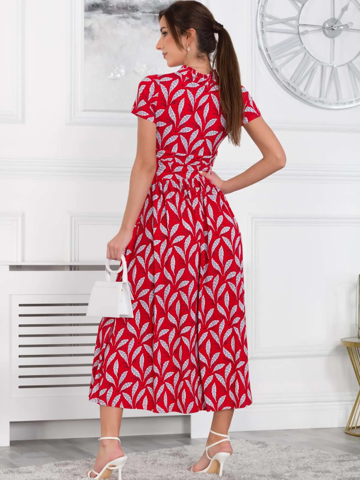 Jolie Moi Occasion Dresses|Jersey Dresses-Marbouka Stand Collar Maxi Dress, Red Leafy