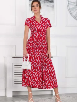 Jolie Moi Occasion Dresses|Jersey Dresses-Marbouka Stand Collar Maxi Dress, Red Leafy