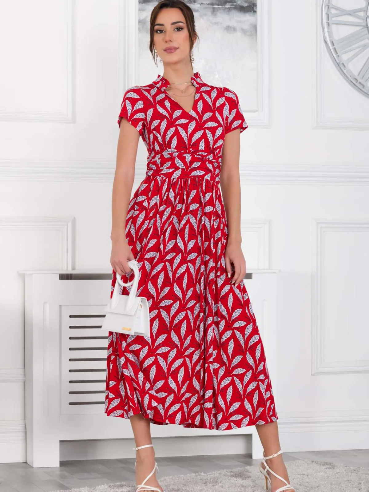 Jolie Moi Occasion Dresses|Jersey Dresses-Marbouka Stand Collar Maxi Dress, Red Leafy