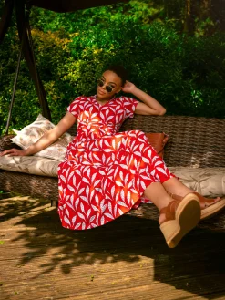 Jolie Moi Occasion Dresses|Jersey Dresses-Marbouka Stand Collar Maxi Dress, Red Leafy