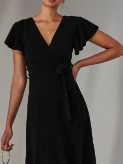 Jolie Moi Occasion Dresses|Party Dresses-Marlie Metallic Angel Sleeve Maxi Dress, Black