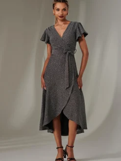 Jolie Moi Occasion Dresses|Party Dresses-Marlie Metallic Angel Sleeve Maxi Dress, Black-Silver