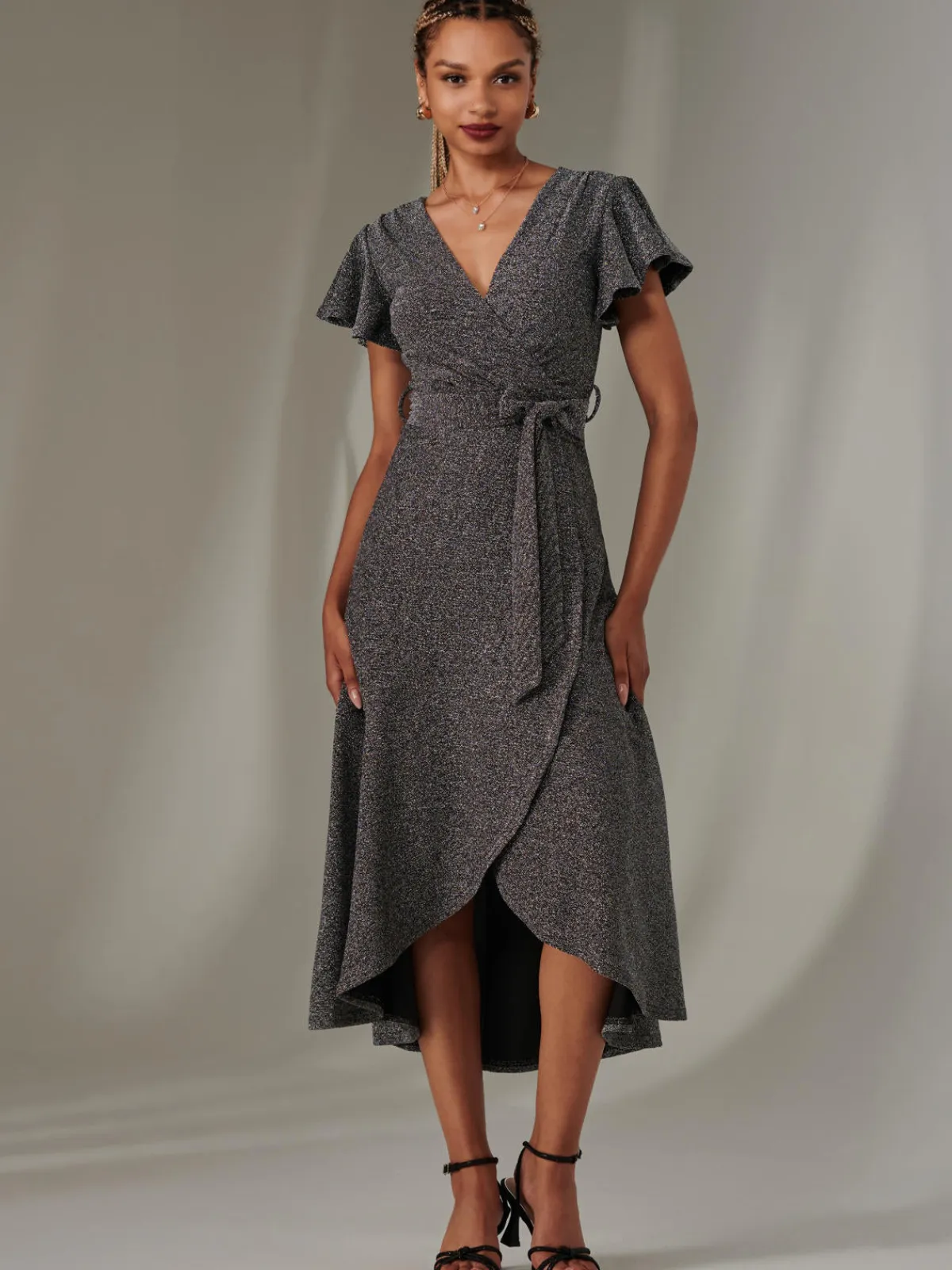 Jolie Moi Occasion Dresses|Party Dresses-Marlie Metallic Angel Sleeve Maxi Dress, Black-Silver