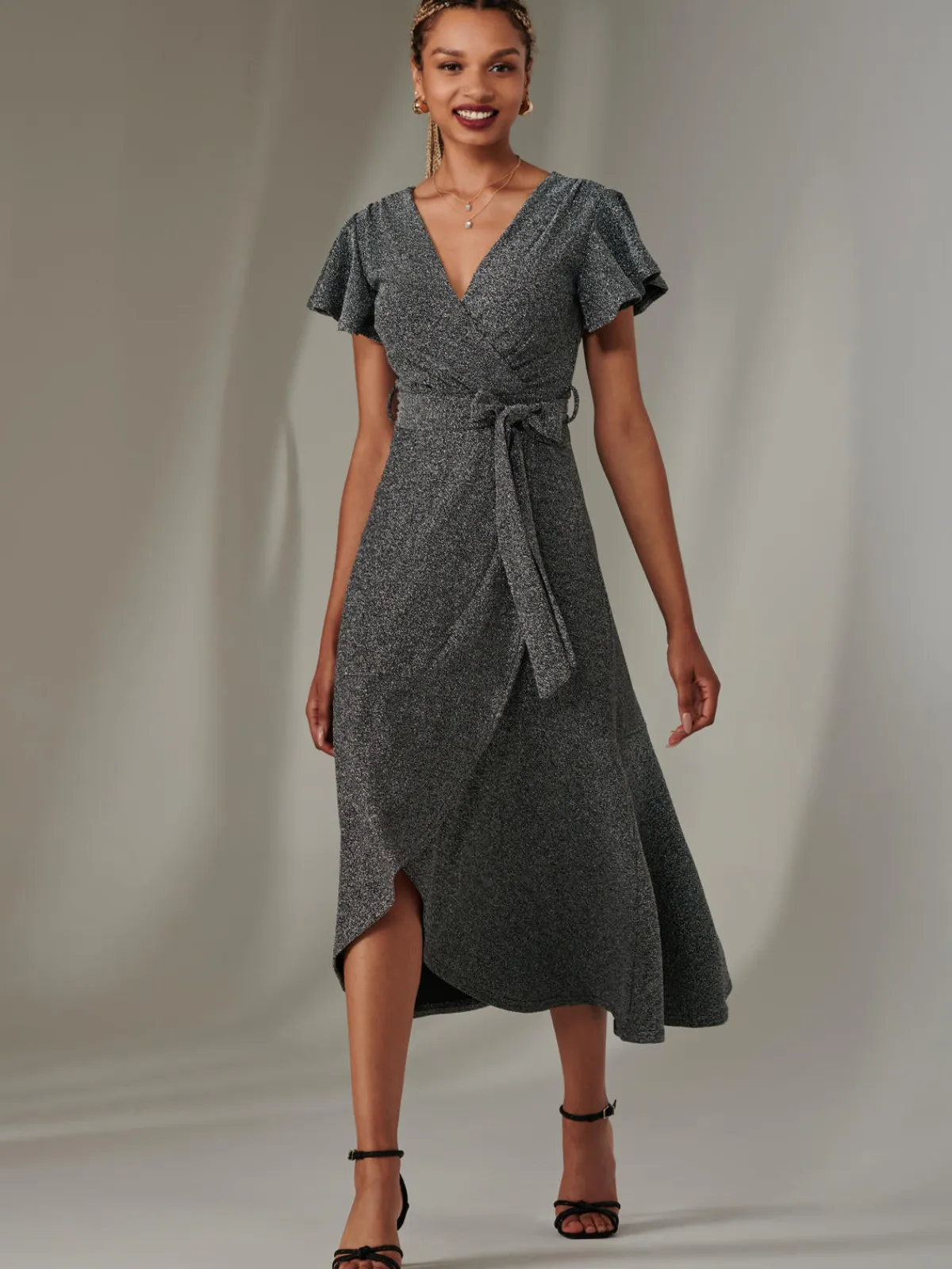 Jolie Moi Occasion Dresses|Party Dresses-Marlie Metallic Angel Sleeve Maxi Dress, Black-Silver