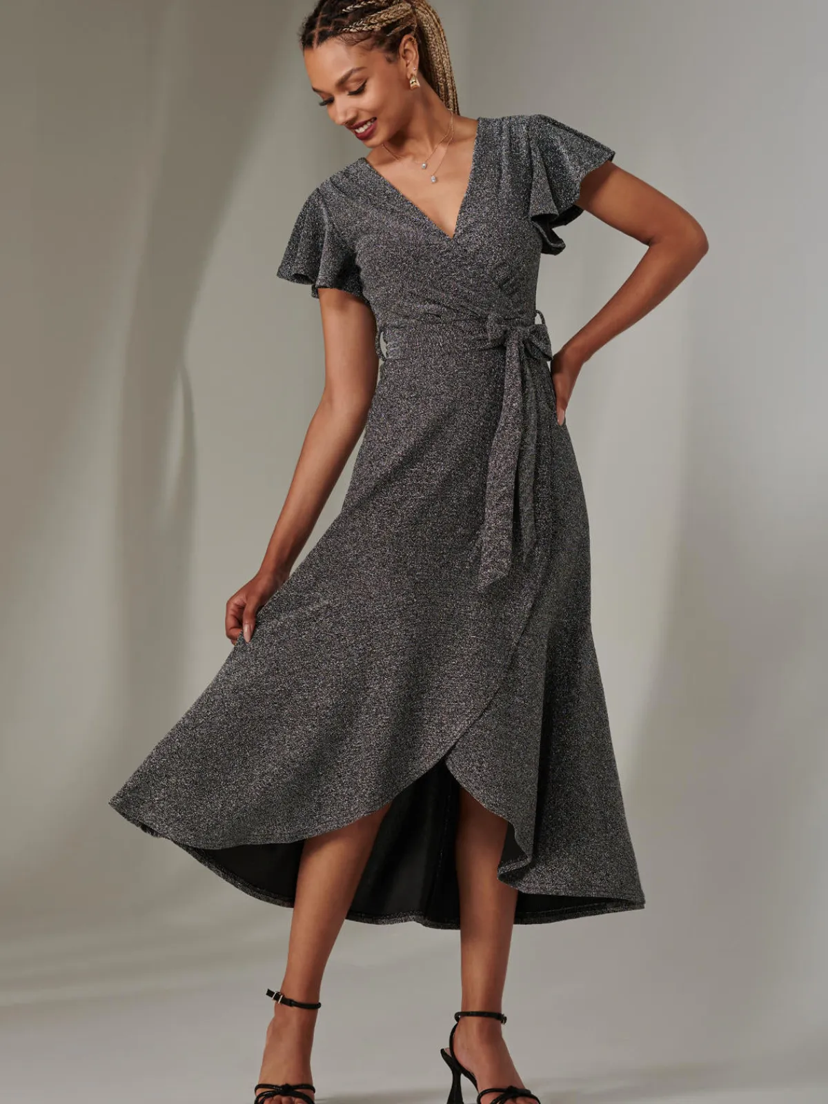 Jolie Moi Occasion Dresses|Party Dresses-Marlie Metallic Angel Sleeve Maxi Dress, Black-Silver