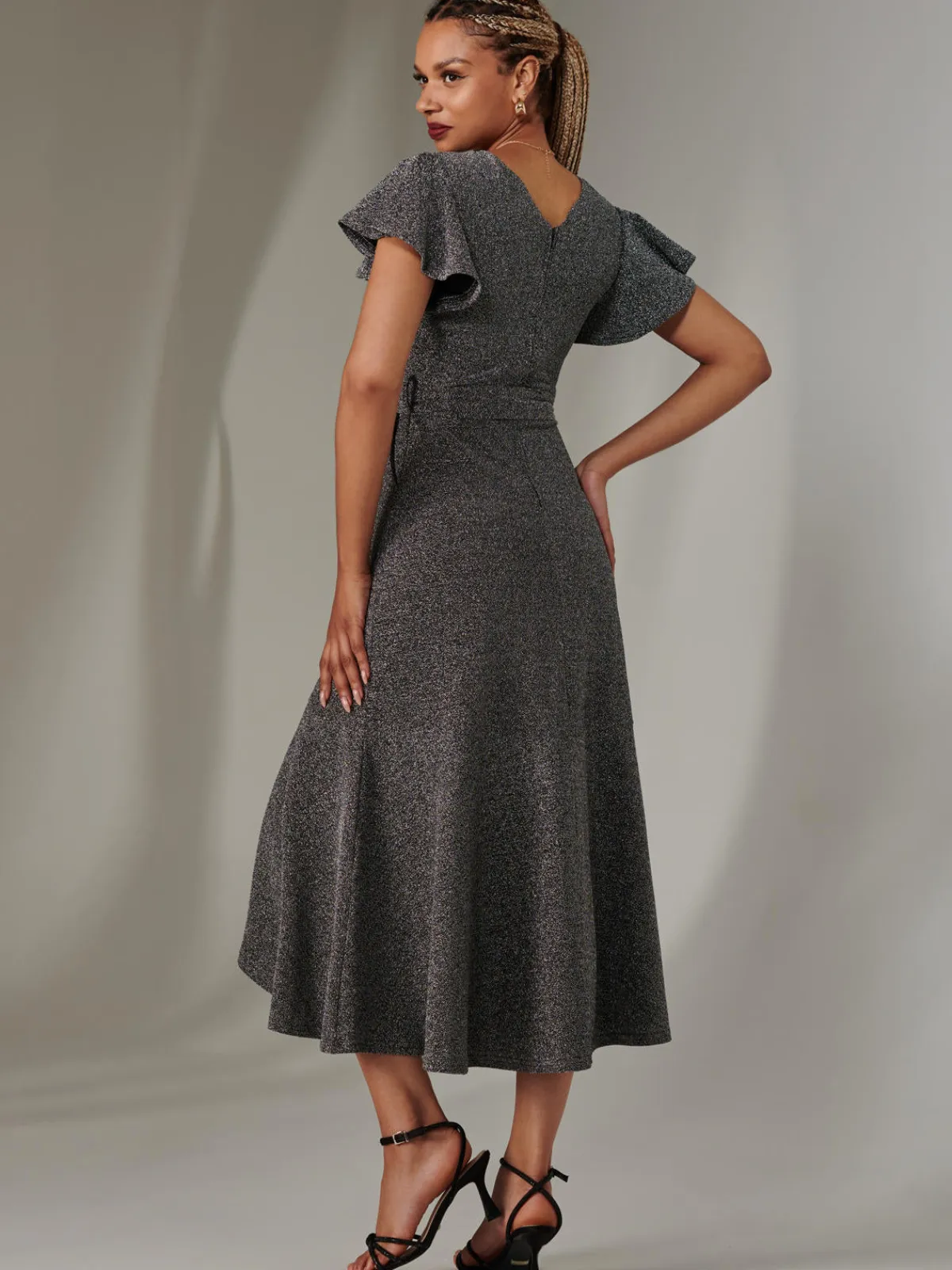 Jolie Moi Occasion Dresses|Party Dresses-Marlie Metallic Angel Sleeve Maxi Dress, Black-Silver