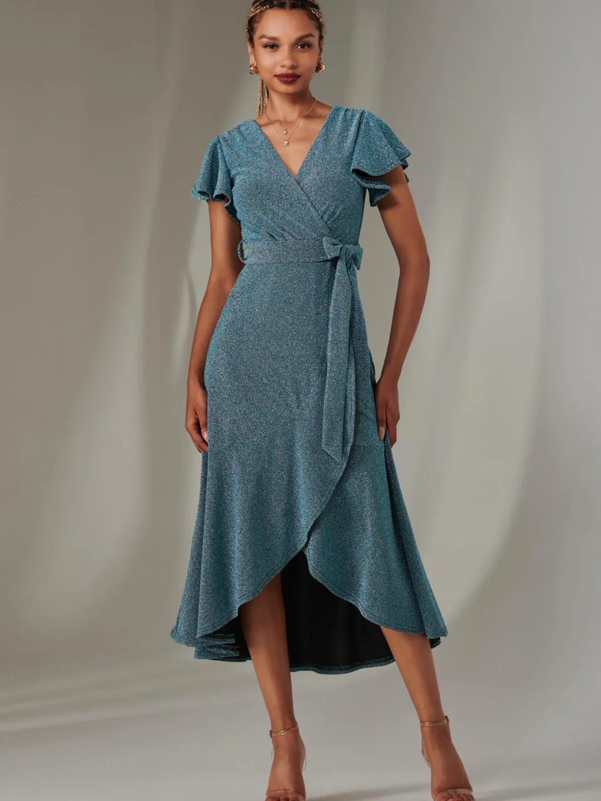 Jolie Moi Occasion Dresses|Wrap Dresses-Marlie Metallic Angel Sleeve Maxi Dress, Blue/Silver