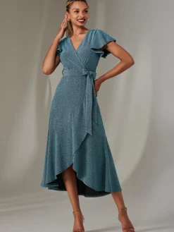 Jolie Moi Occasion Dresses|Wrap Dresses-Marlie Metallic Angel Sleeve Maxi Dress, Blue/Silver
