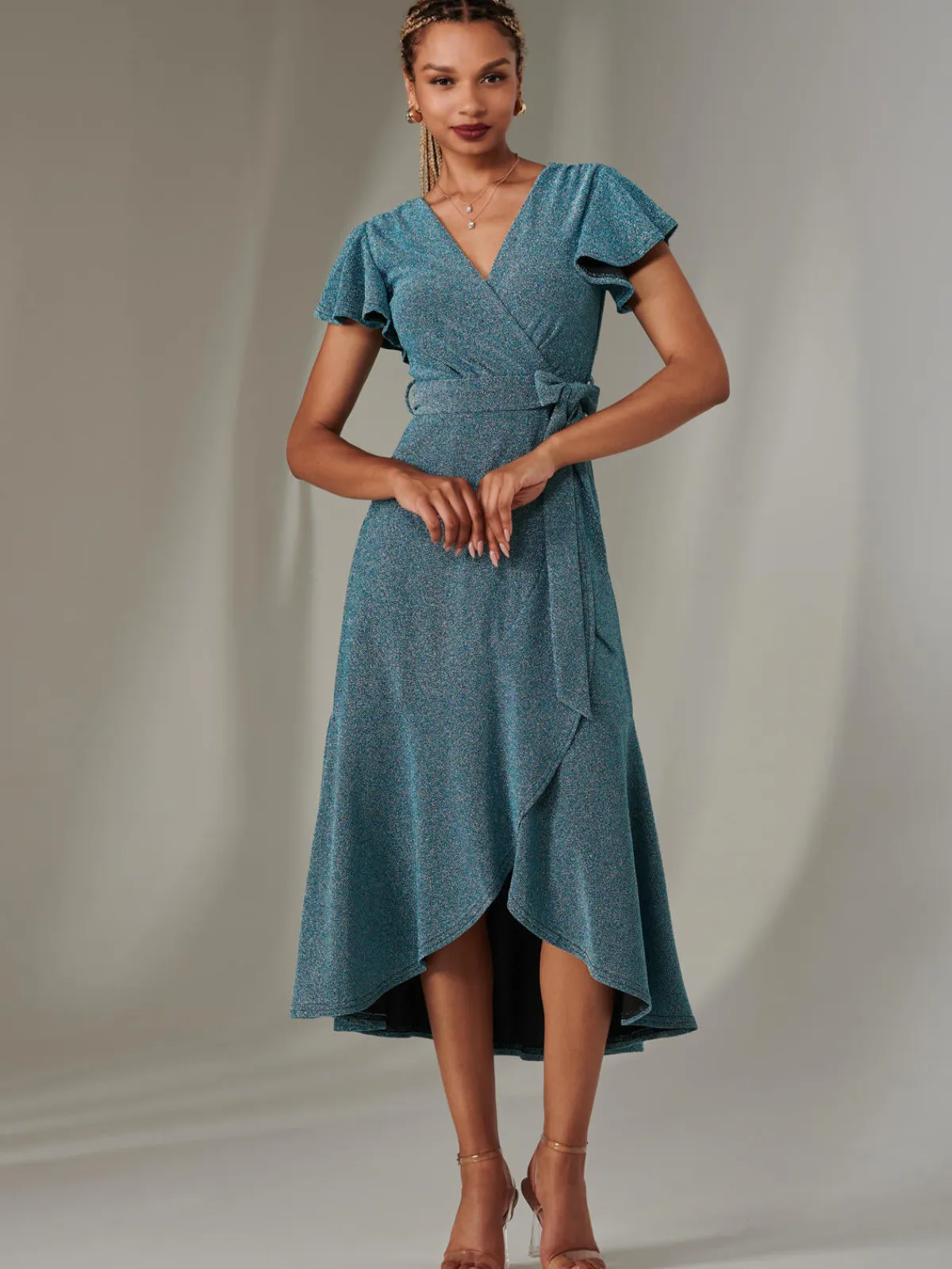 Jolie Moi Occasion Dresses|Wrap Dresses-Marlie Metallic Angel Sleeve Maxi Dress, Blue/Silver