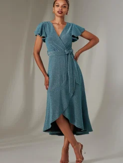 Jolie Moi Occasion Dresses|Wrap Dresses-Marlie Metallic Angel Sleeve Maxi Dress, Blue/Silver