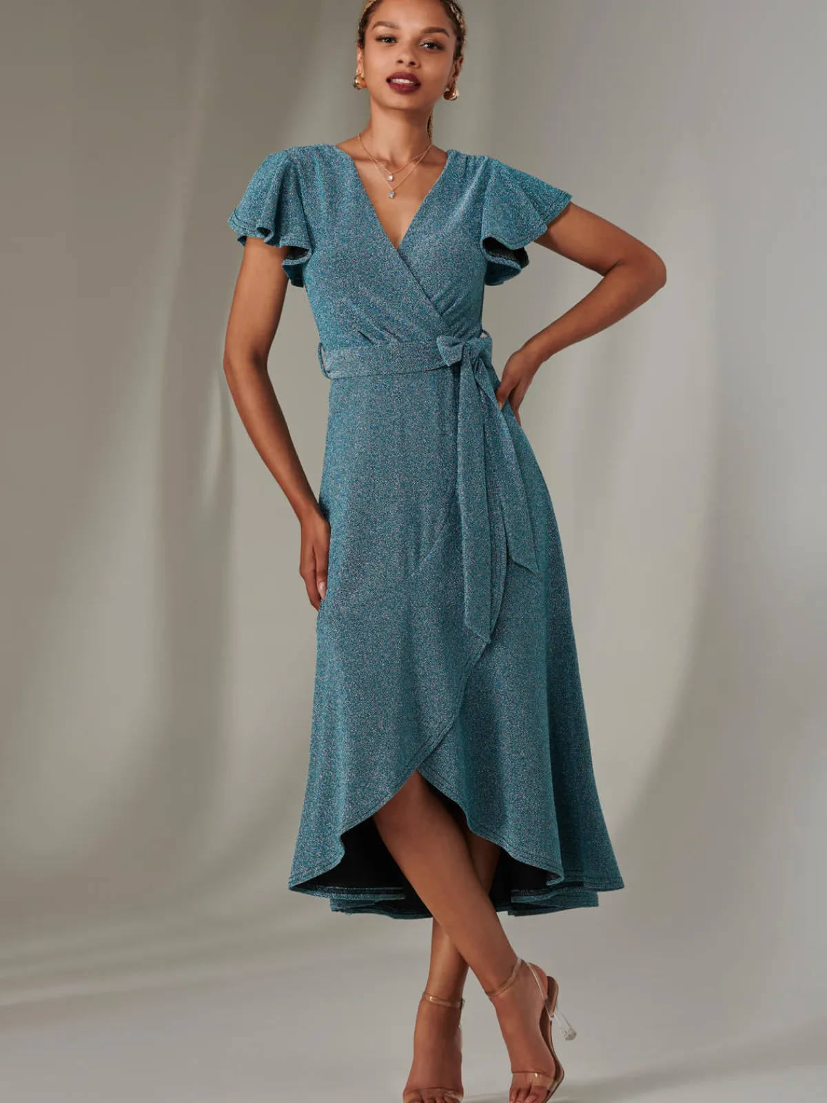 Jolie Moi Occasion Dresses|Wrap Dresses-Marlie Metallic Angel Sleeve Maxi Dress, Blue/Silver