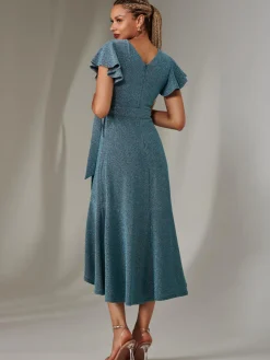 Jolie Moi Occasion Dresses|Wrap Dresses-Marlie Metallic Angel Sleeve Maxi Dress, Blue/Silver