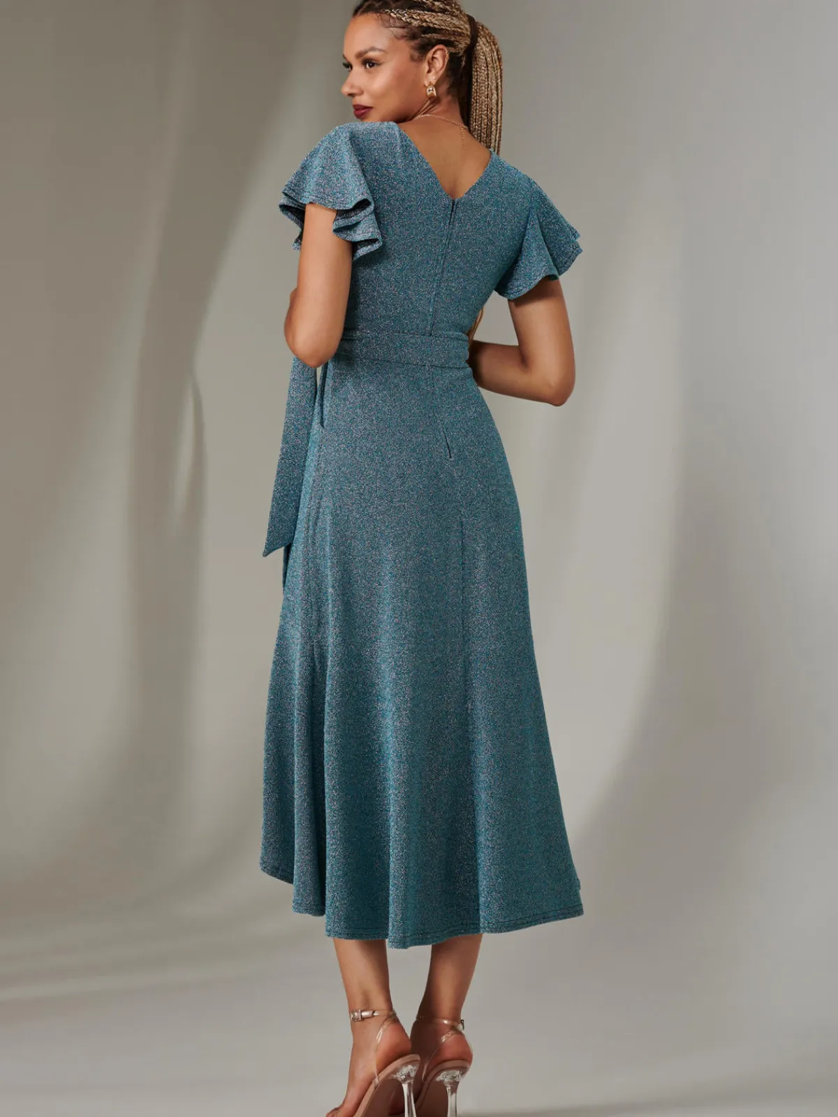Jolie Moi Occasion Dresses|Wrap Dresses-Marlie Metallic Angel Sleeve Maxi Dress, Blue/Silver