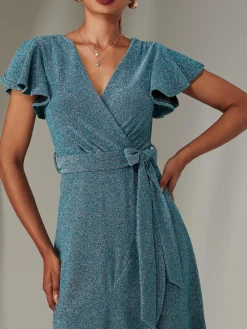 Jolie Moi Occasion Dresses|Wrap Dresses-Marlie Metallic Angel Sleeve Maxi Dress, Blue/Silver