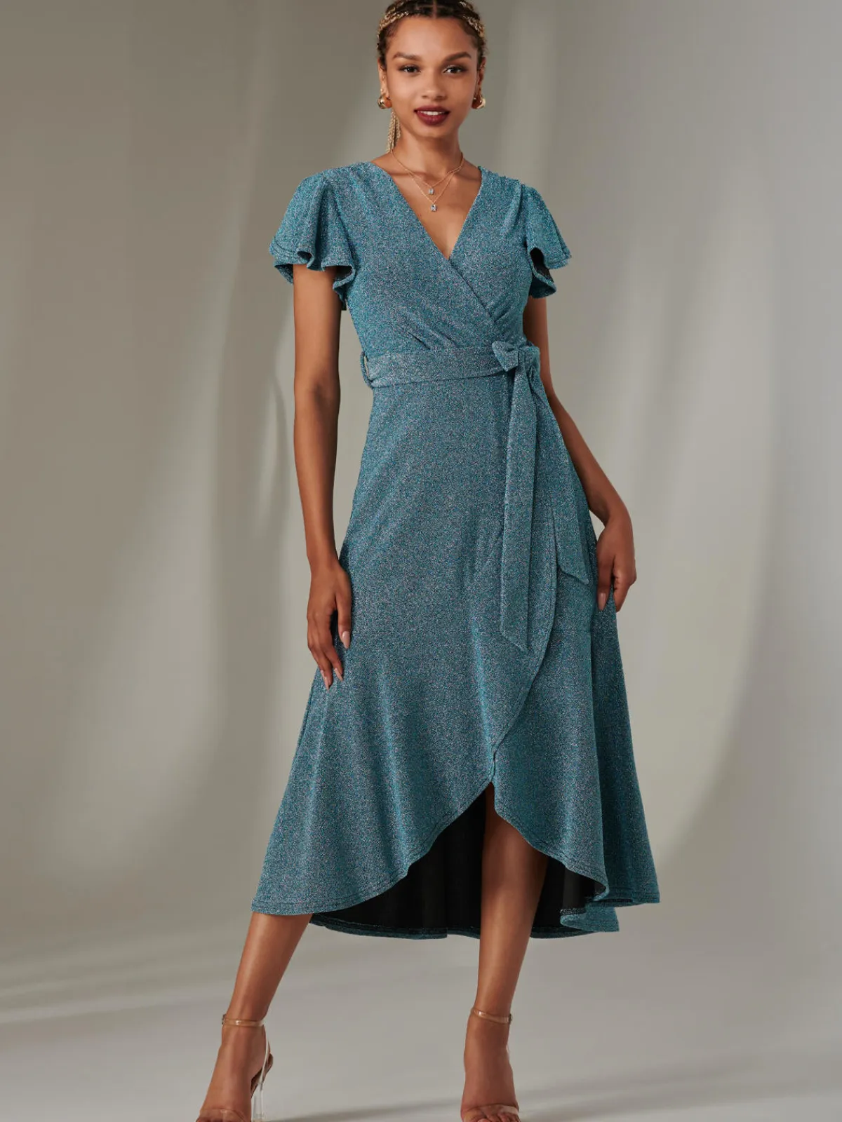 Jolie Moi Occasion Dresses|Wrap Dresses-Marlie Metallic Angel Sleeve Maxi Dress, Blue/Silver
