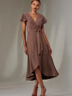 Jolie Moi Occasion Dresses|Party Dresses-Marlie Metallic Angel Sleeve Maxi Dress, Gold/Red