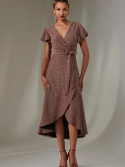 Jolie Moi Occasion Dresses|Party Dresses-Marlie Metallic Angel Sleeve Maxi Dress, Gold/Red