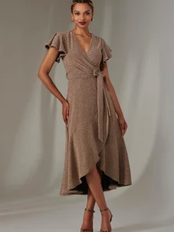 Jolie Moi Occasion Dresses|Party Dresses-Marlie Metallic Angel Sleeve Maxi Dress, Gold/Silver