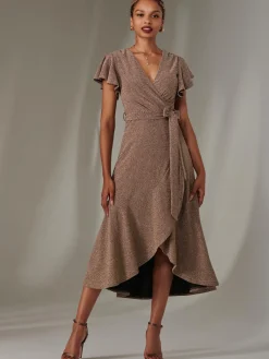 Jolie Moi Occasion Dresses|Party Dresses-Marlie Metallic Angel Sleeve Maxi Dress, Gold/Silver