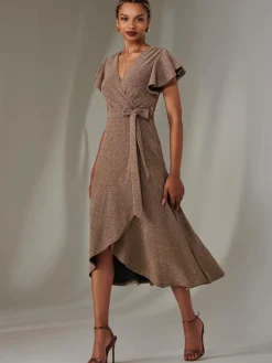 Jolie Moi Occasion Dresses|Party Dresses-Marlie Metallic Angel Sleeve Maxi Dress, Gold/Silver