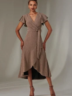 Jolie Moi Occasion Dresses|Party Dresses-Marlie Metallic Angel Sleeve Maxi Dress, Gold/Silver