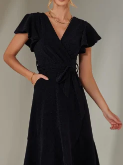 Jolie Moi Occasion Dresses|Party Dresses-Marlie Metallic Angel Sleeve Maxi Dress, Navy