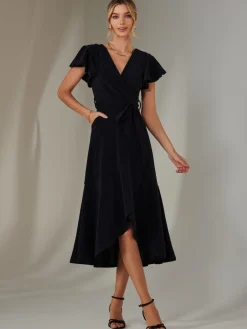 Jolie Moi Occasion Dresses|Party Dresses-Marlie Metallic Angel Sleeve Maxi Dress, Navy