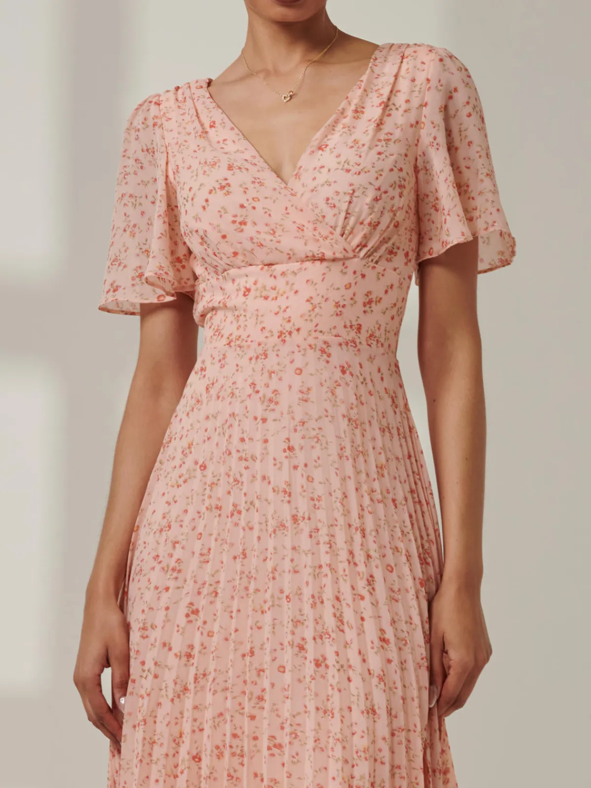 Jolie Moi Occasion Dresses|Office Dresses-Meagan V-Neck Chiffon Maxi Dress, Pink Ditsy