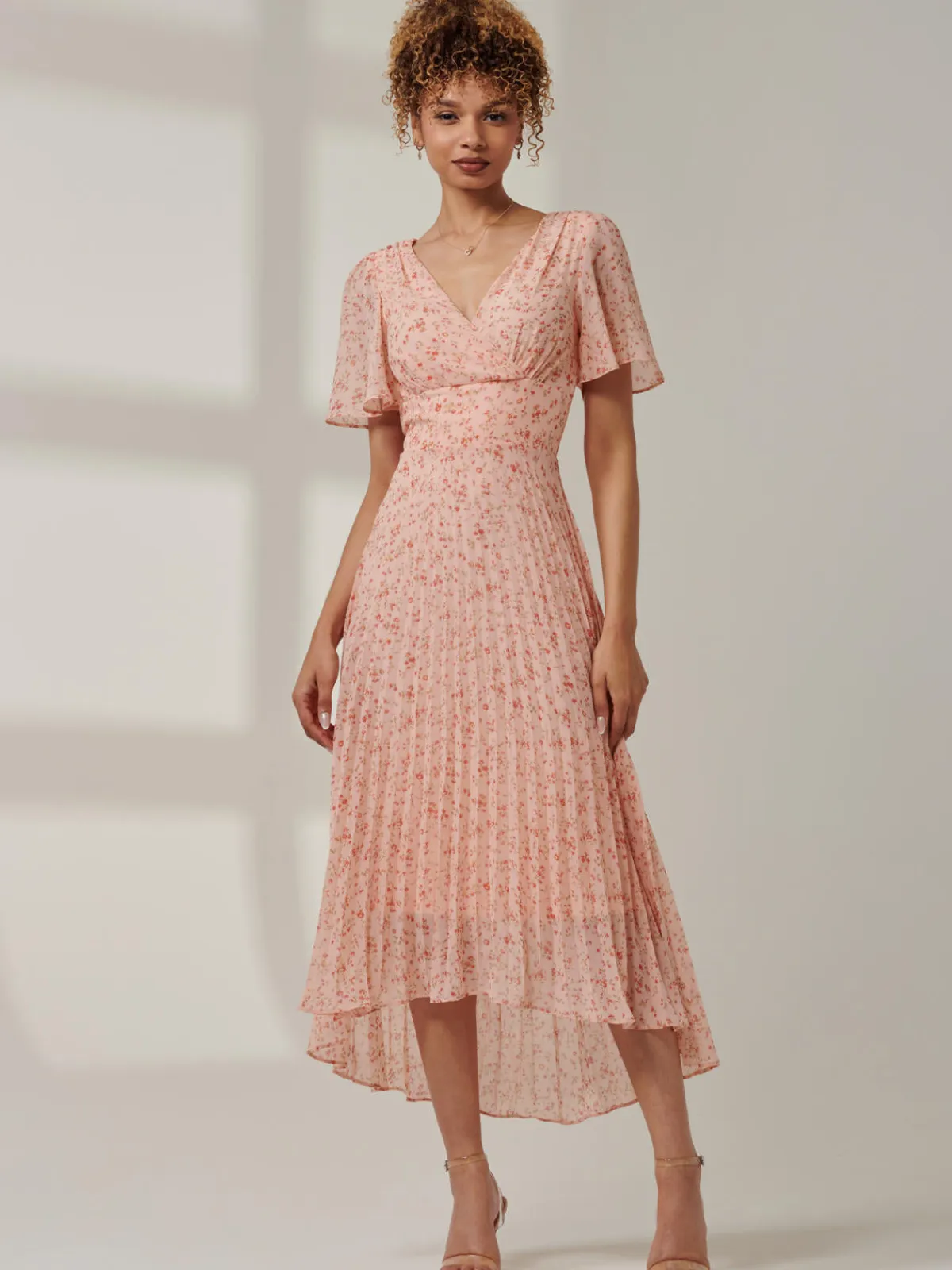 Jolie Moi Occasion Dresses|Office Dresses-Meagan V-Neck Chiffon Maxi Dress, Pink Ditsy