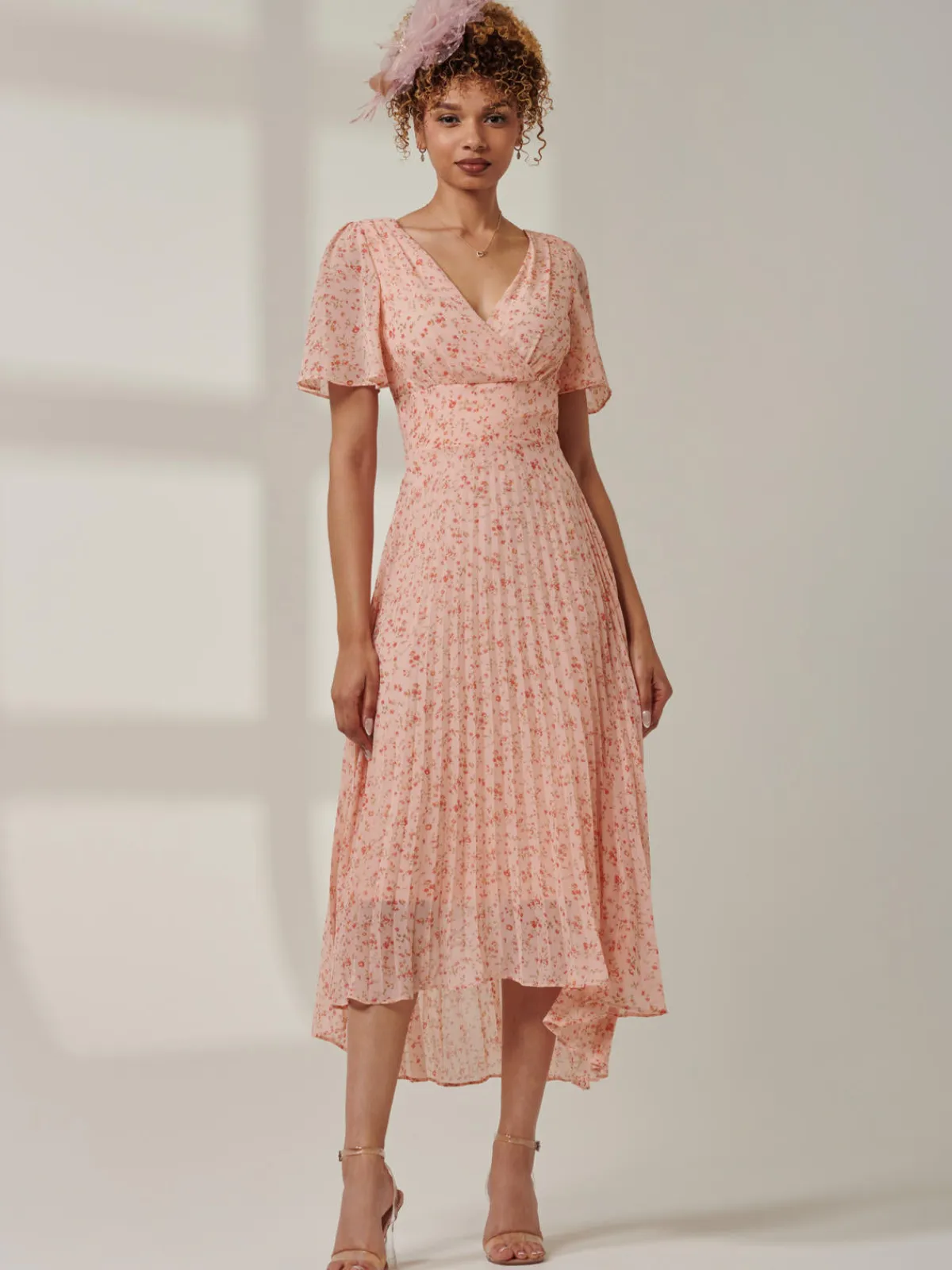 Jolie Moi Occasion Dresses|Office Dresses-Meagan V-Neck Chiffon Maxi Dress, Pink Ditsy
