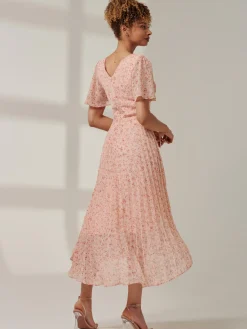 Jolie Moi Occasion Dresses|Office Dresses-Meagan V-Neck Chiffon Maxi Dress, Pink Ditsy