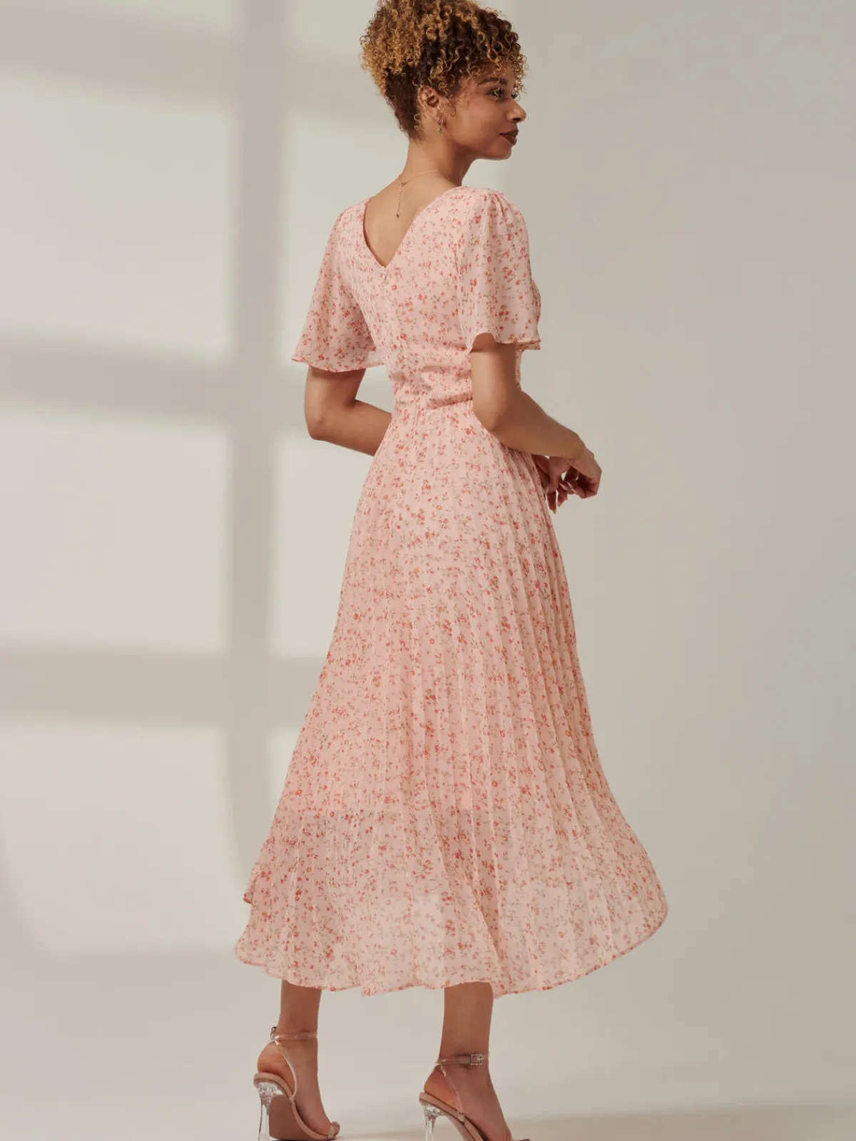 Jolie Moi Occasion Dresses|Office Dresses-Meagan V-Neck Chiffon Maxi Dress, Pink Ditsy