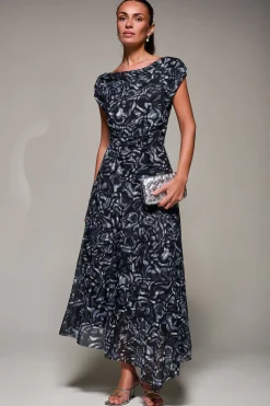 Jolie Moi Occasion Dresses|Maxi Dresses-Mesh Asymmetrical Draped Maxi Dress, Black Abstract