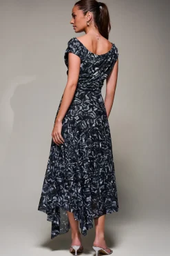 Jolie Moi Occasion Dresses|Maxi Dresses-Mesh Asymmetrical Draped Maxi Dress, Black Abstract