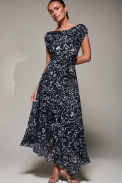 Jolie Moi Occasion Dresses|Maxi Dresses-Mesh Asymmetrical Draped Maxi Dress, Black Abstract