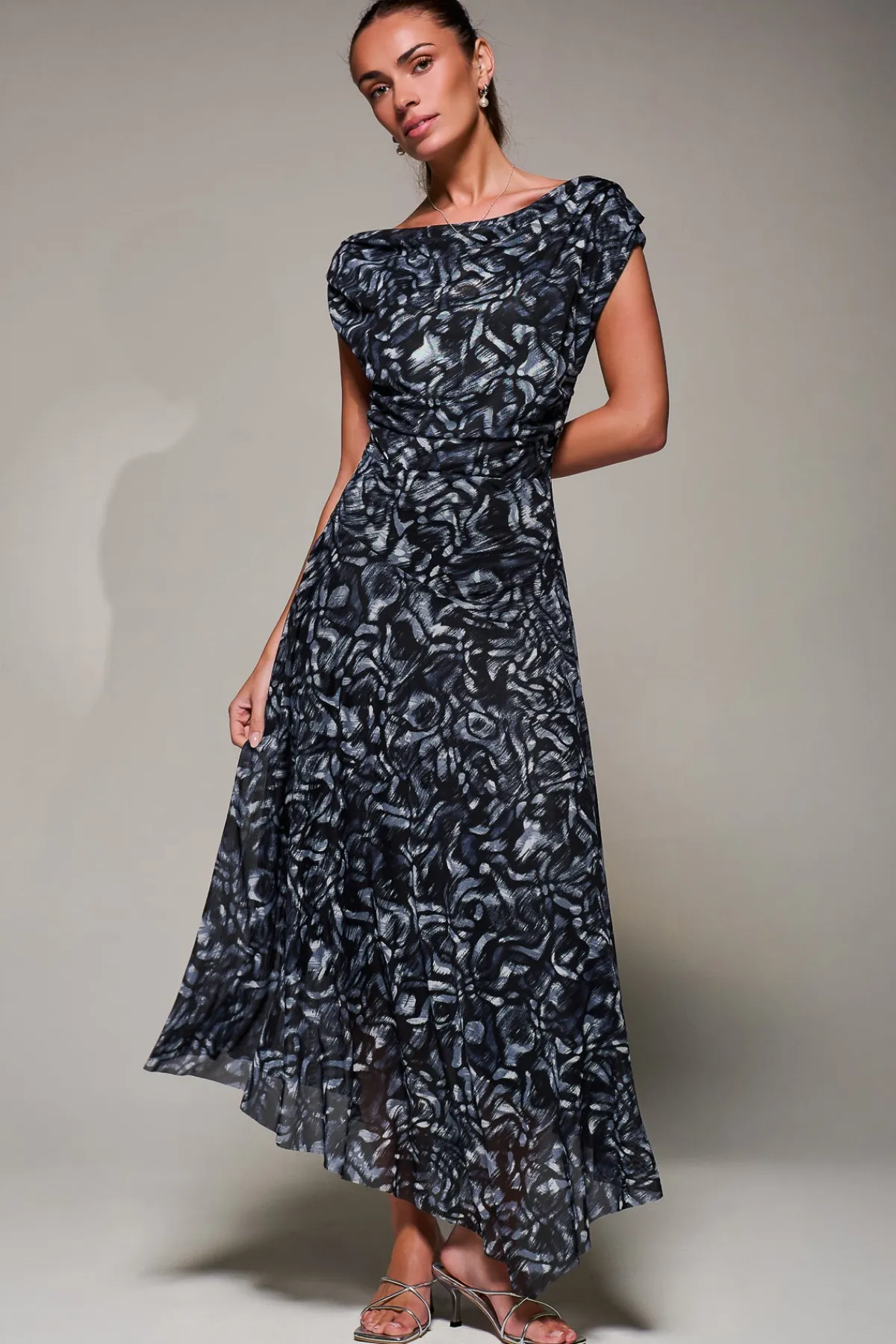 Jolie Moi Occasion Dresses|Maxi Dresses-Mesh Asymmetrical Draped Maxi Dress, Black Abstract