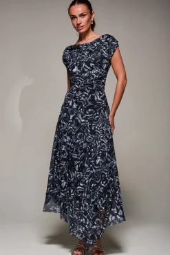 Jolie Moi Occasion Dresses|Maxi Dresses-Mesh Asymmetrical Draped Maxi Dress, Black Abstract