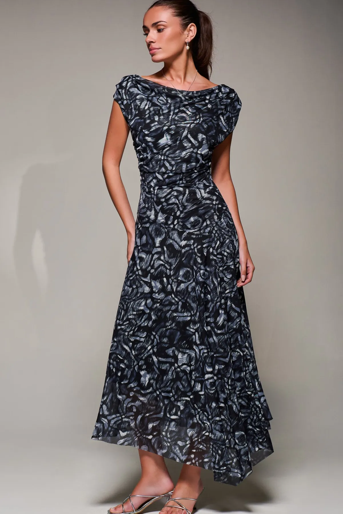 Jolie Moi Occasion Dresses|Maxi Dresses-Mesh Asymmetrical Draped Maxi Dress, Black Abstract
