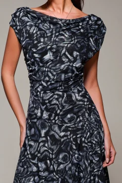 Jolie Moi Occasion Dresses|Maxi Dresses-Mesh Asymmetrical Draped Maxi Dress, Black Abstract