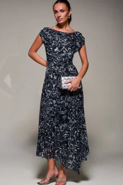 Jolie Moi Occasion Dresses|Maxi Dresses-Mesh Asymmetrical Draped Maxi Dress, Black Abstract