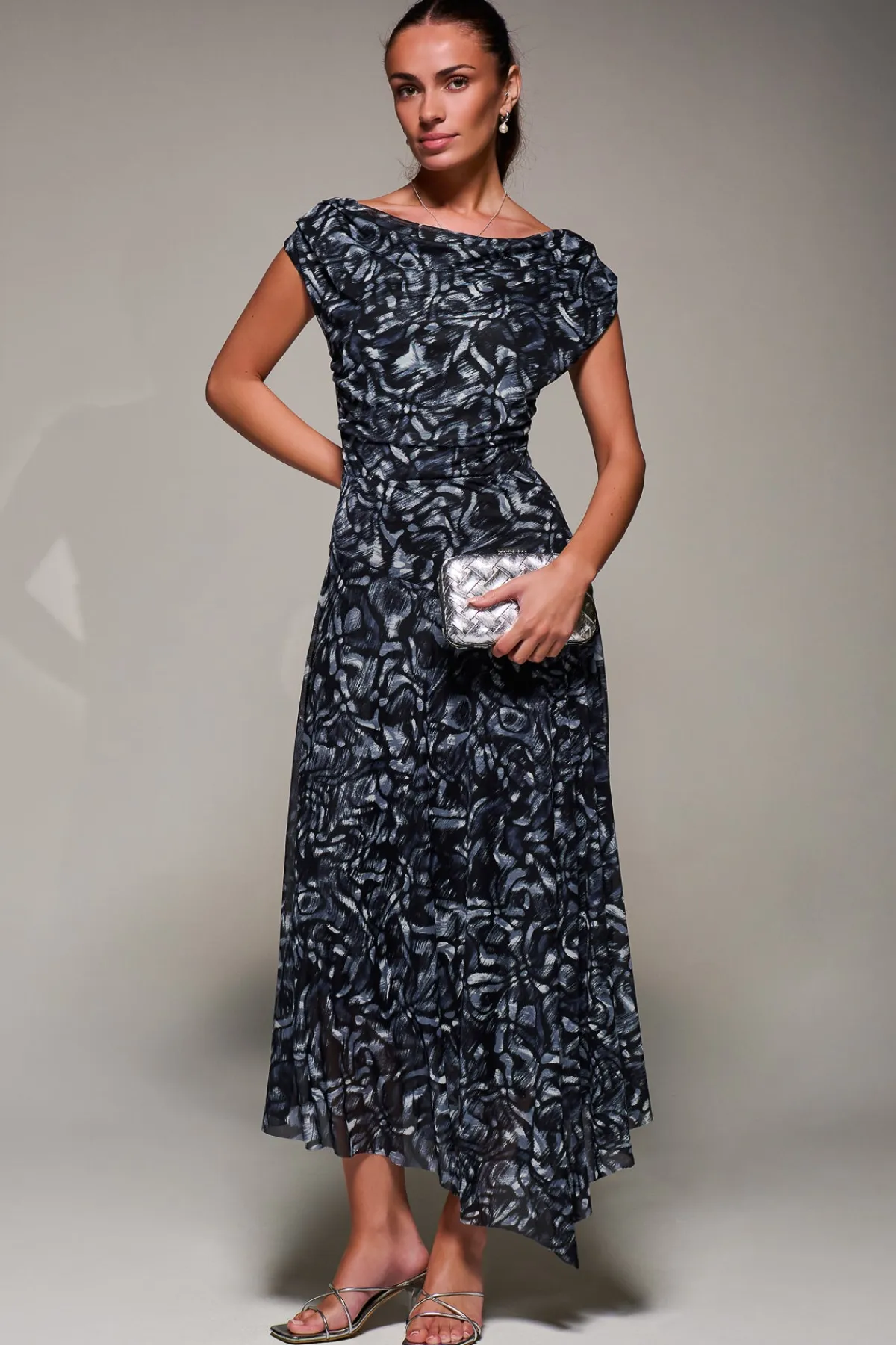 Jolie Moi Occasion Dresses|Maxi Dresses-Mesh Asymmetrical Draped Maxi Dress, Black Abstract