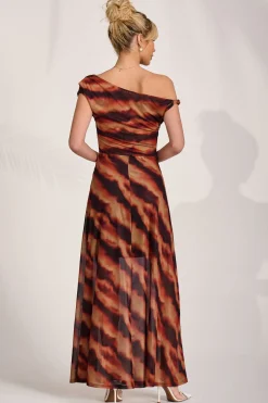 Jolie Moi Mesh Dresses|Maxi Dresses-Mesh Asymmetrical Off-Shoulder Maxi Dress, Amber Haze